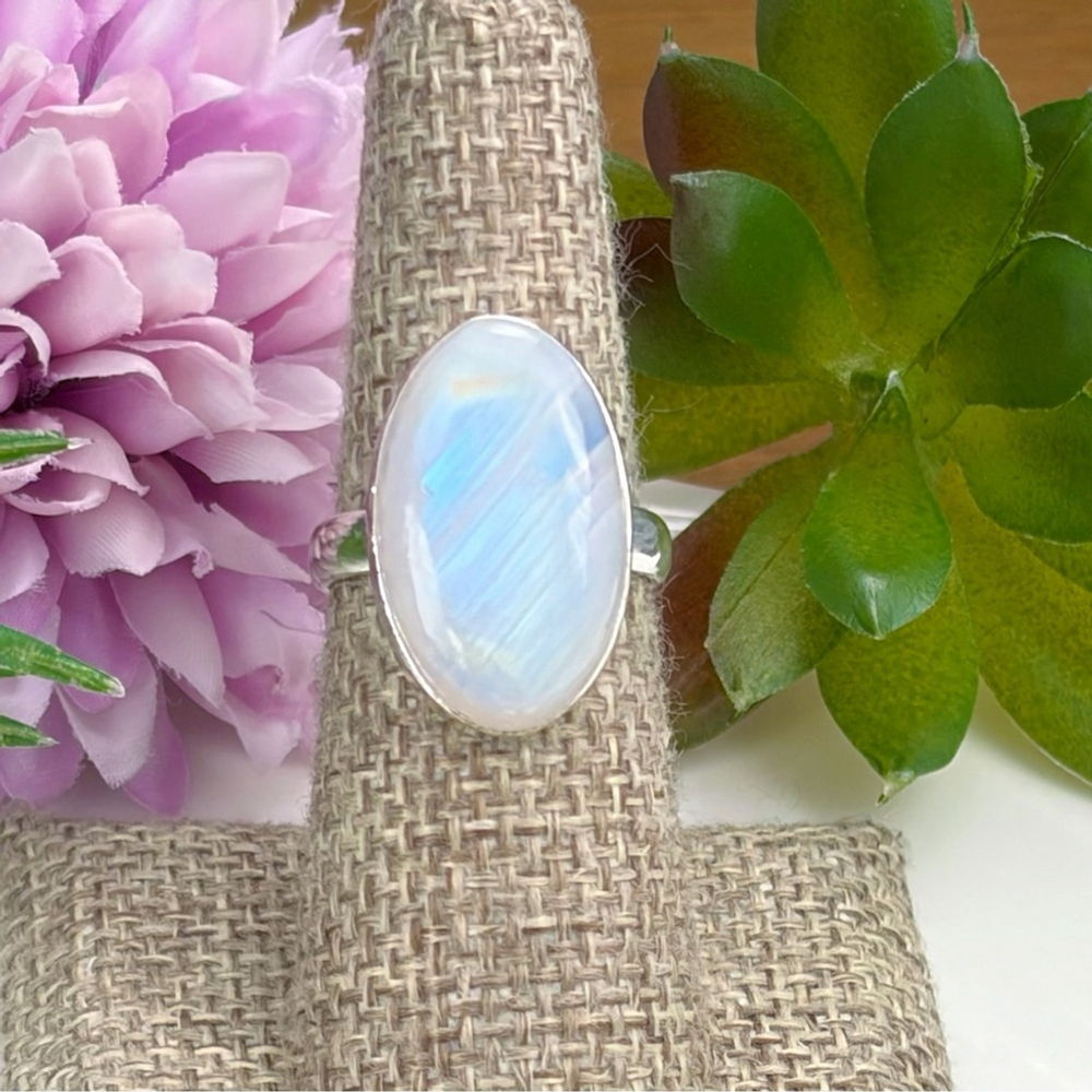 Rainbow Moonstone Ring Size 7 Pure Sterling Silver 925 Oval Boho New - Picture 5 of 12